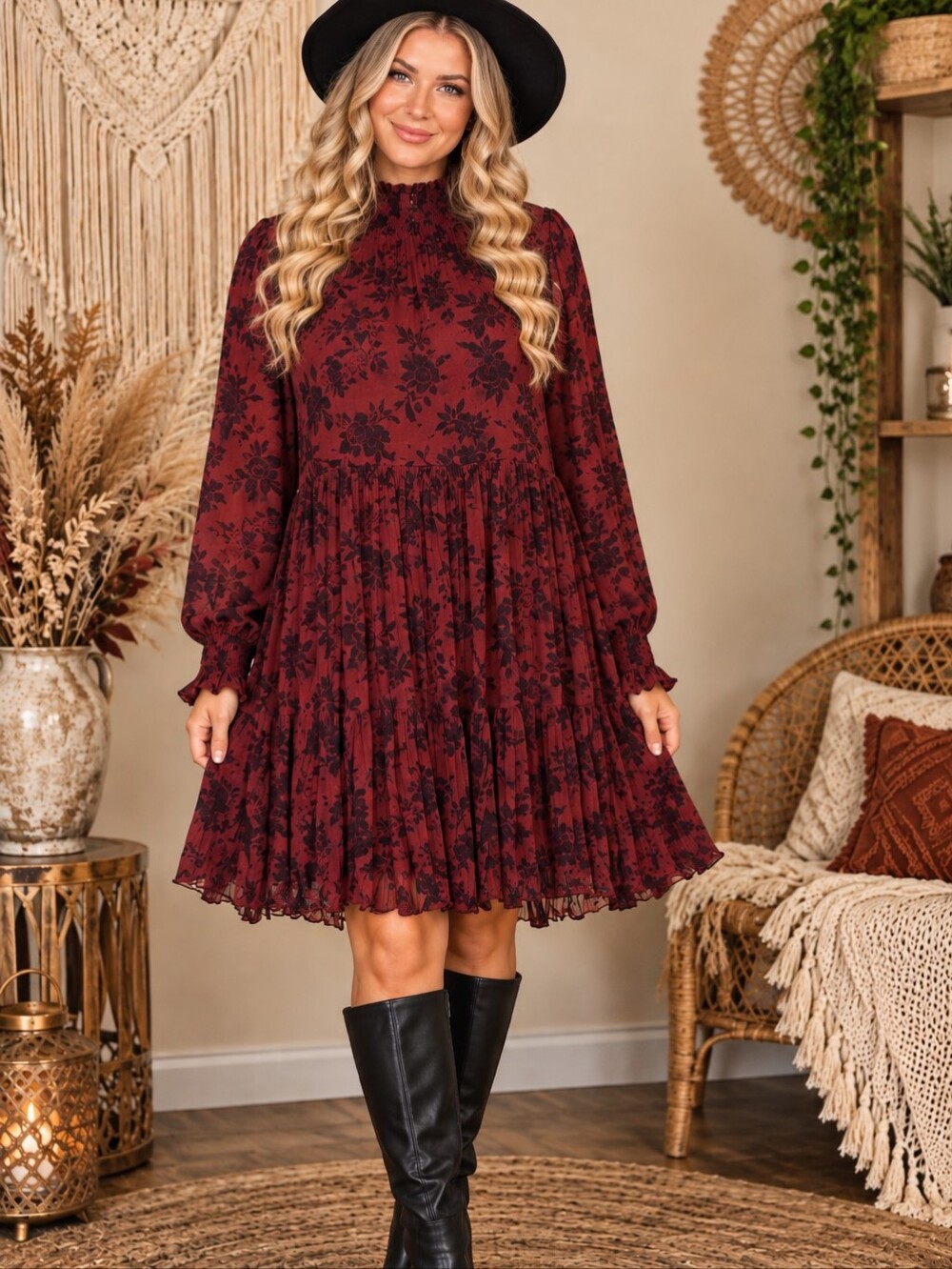 torrid Red Long-Sleeve Black Floral Pleated Dress